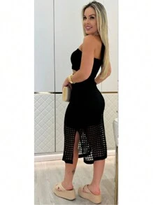 Evangelical Modal Knit Party Slit Strap Midi Dress - Black - View 3