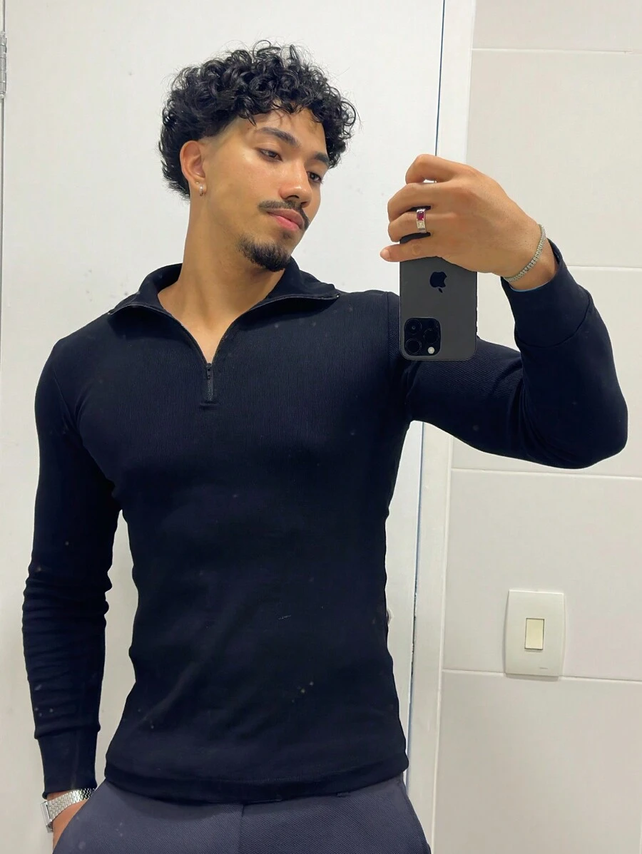 Cacharrel Zip Polo Neck Long Sleeve ITALIAN Classic - Black - View 1