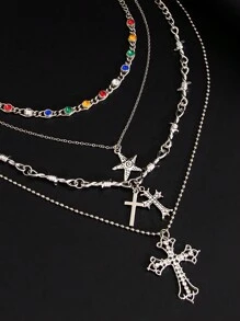 4pcs Vintage Punk Gorgeous Multi-Color Rhinestone Cross Necklace Set, Party & Festival Accessory For Men