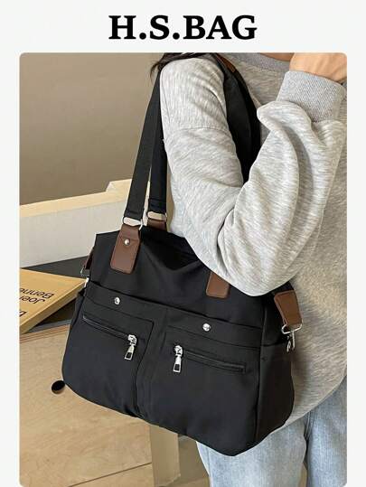 1pc Solid Color Multipocket Multistrap Women's Tote Bag, Fashionable Neutral Shoulder Bag With Large Capacity For Daily Commute, Suitable For College Students And Casual Crossbody Bag, Canvas MaterialSchool Bag Backpack,Large Capacity,Portable,Lightweight, Suitable For Teen Girls Women College Students, Perfect For Back To School,College,Middle School, High School, Literary School Bag & Bookbag For Women Or Students, Perfect For Books, Shopping, Back To School And More