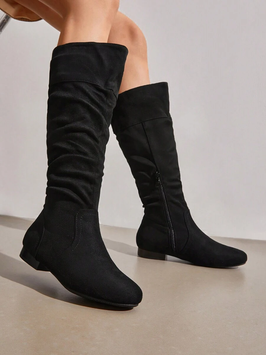 Women's Wide Calf Knee High Boots Fur Lined Side Zipper Warm Fall Winter Boots - DA LỘN MÀU ĐEN - Xem 1