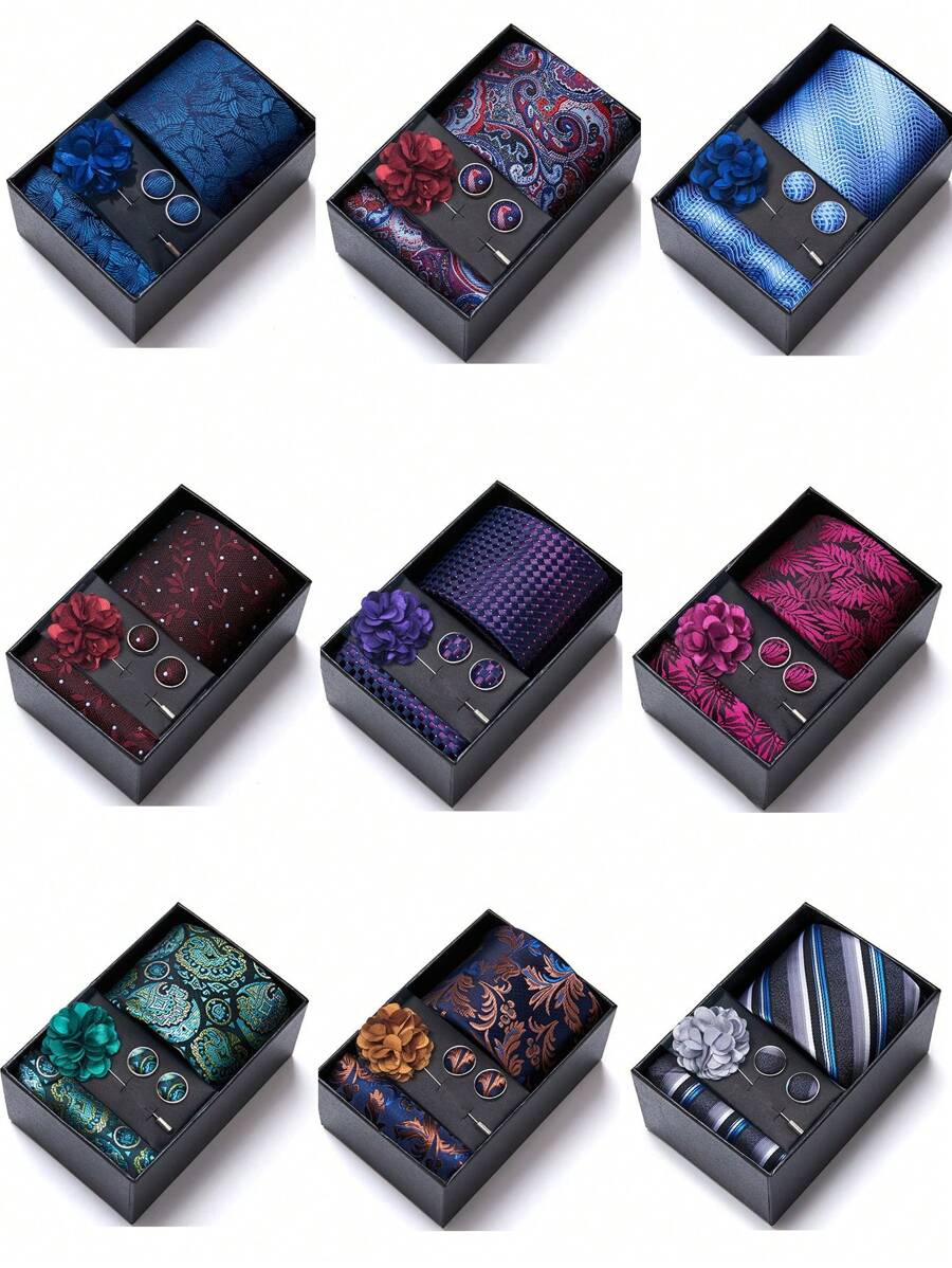AlanKing 1 set de corbata, pañuelo de bolsillo, gemelos y broche con diseño de flor dorado para hombre, para fiestas/festivales