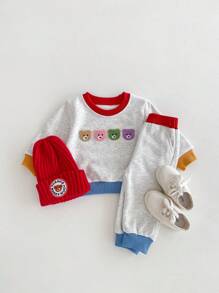 2 pièces/Set Bébé et Tout-petit Décontracté Extérieur Sweat-shirt à capuche en patchwork ours mignon brodé coloré, manches longues, Automne/Printemps