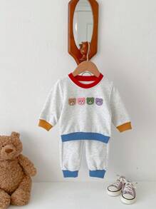 2 pièces/Set Bébé et Tout-petit Décontracté Extérieur Sweat-shirt à capuche en patchwork ours mignon brodé coloré, manches longues, Automne/Printemps
