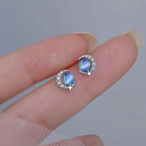 Pendientes de plata esterlina con ojo de gato azul y planeta luna, elegantes y lujosos para mujeres