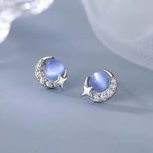 纯银蓝猫眼月亮星球耳环女士轻奢优雅耳环耳钉 - 貓眼石耳環 - 查看 5