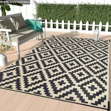 Reversible Mats, Plastic Straw Rug, Modern Area Rug, Large Floor Mat And Rug For Outdoors, RV, Patio, Backyard, Deck, Picnic, Beach, Trailer, Camping, Black & Cream, 9' X 12'