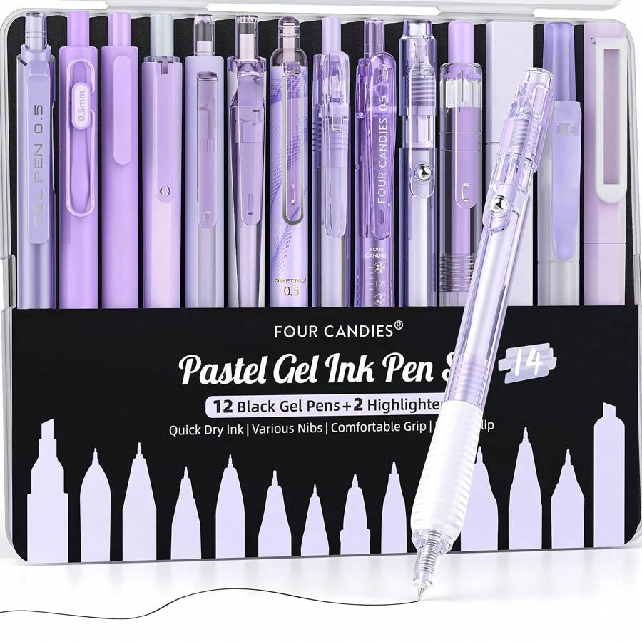 14Packs Pastel Gel Ink Pen Set,Cute Retractable 0.5mm Fine Point Pen,Note Taking Aesthetic Pens,12 Pack Black Ink Pens With 2Pcs Highlighter, Smooth Writing Pens For School, Office Back To School - Purple - View 1