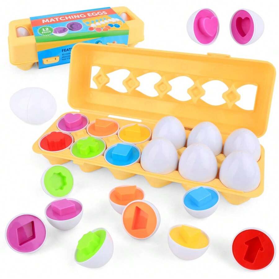 12颗鸡蛋配对蛋蒙特梭利形状匹配拼图益智玩具蛋玩具益智玩具玩具配对鸡蛋套装颜色数字识别（部分颜色和款式随机发货）