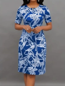 Must-Have! Women's Fashion Short Sleeve Christmas Dress, All-Over Printed Round Neck Elegant Dress, Versatile For Daily Wear