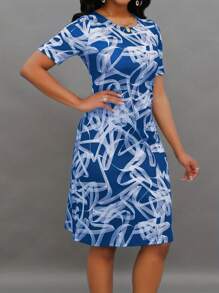 Must-Have! Women's Fashion Short Sleeve Christmas Dress, All-Over Printed Round Neck Elegant Dress, Versatile For Daily Wear