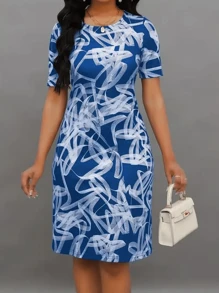 Must-Have! Women's Fashion Short Sleeve Christmas Dress, All-Over Printed Round Neck Elegant Dress, Versatile For Daily Wear