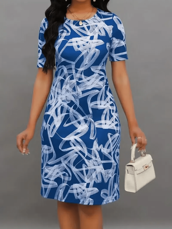 Indispensable ! Robe de Noël à manches courtes pour femmes, robe élégante à col rond imprimée sur tout le corps, polyvalente pour un port quotidien