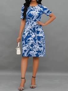 Must-Have! Women's Fashion Short Sleeve Christmas Dress, All-Over Printed Round Neck Elegant Dress, Versatile For Daily Wear