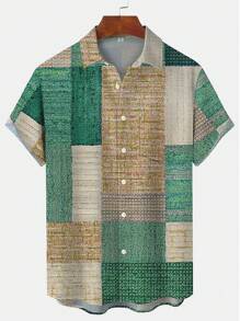 Vintage Geometric Pattern Button-Up Short Sleeve Shirt With Pockets, For Plus Size Men - Multicolor - View 3