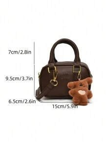 新款大容量软皮波士顿手提包配毛绒娃娃吊坠，女式单肩斜挎包，适合四季通勤，秋冬季 - 咖啡棕 - 查看 10