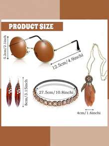 4PCS Vintage 60's Hippie Handmade Beaded Headband + Brown Glasses + Tassel Feather Earrings + Feather Necklace Holiday Party 4-Piece Costume Set, Boho Style Women's Cosplay Costume Accessories Masquerade Dress Set Small Gift. Halloween