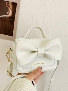 1pc New Fashionable Chic Handbag Solid Color Sweet Bow PU Small Square Shoulder Bag - A - View 11