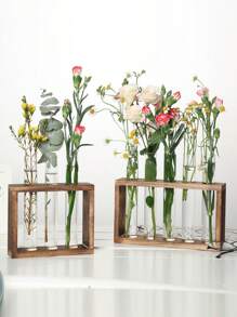 1 套木质框架透明玻璃花瓶水培植物容器玻璃容器盆景桌饰花盆桌面家居装饰透明试管花瓶 - 棕色 - 查看 1