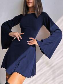 Đầm mini dáng chữ A cổ tròn tay chuông màu trơn khoét rỗng thắt dây thời trang gợi cảm, phong cách thường ngày mùa xuân thanh lịch - Màu xanh hải quân - Xem 2