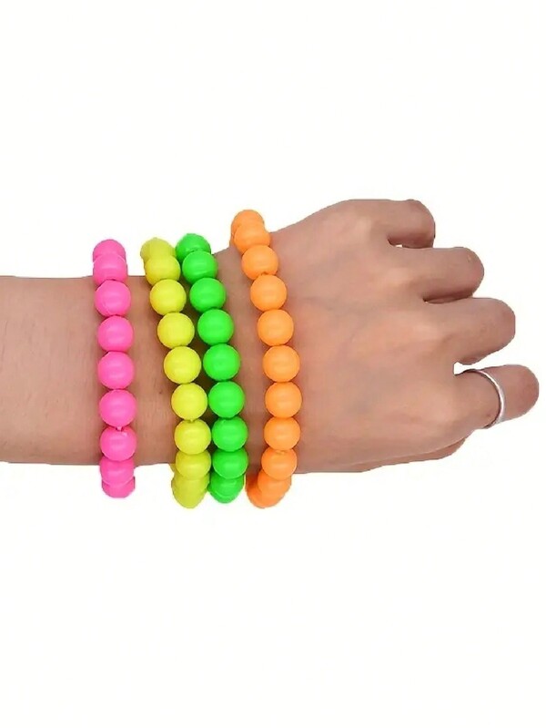 4 teiliges Set Neonplastik Perlen Halskette und Armband, 80er Jahre Kostümfest Disco Chick Nacht Party Accessoires