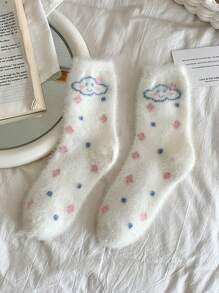1/3 pares entrega aleatoria, Calcetines de cachemira con diseño lindo de nubes y corazones para mujer, hasta la pantorrilla