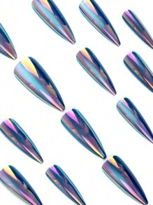 Sanrio Y2K 用 24 件长细高跟法式现代经典简约蓝色极光渐变纯色激光高光泽金属镜面饰面猫眼全覆盖假指甲套装改变您的指甲，适合日常佩戴和派对，让您看起来很酷的指甲用品指甲