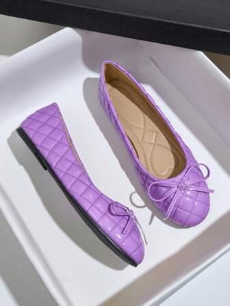 菱形图案女式芭蕾平底鞋，绿色圆头休闲便鞋，带蝴蝶结装饰，搭配裙子