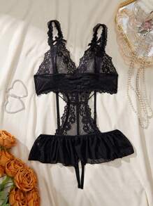 Body de encaje floral con entrepierna abierta, body sin mangas sexy para mujer con cuello en V profundo y espalda al descubierto, lencería sexy para mujer