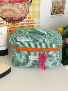 大容量纯色格子女士化妆包，带提手，便携式女士旅行化妆包，可装化妆品、护肤品、洗漱用品，可重复使用，波西米亚风格，适合度假、海滩、浴室、卧室等场合，空间宽敞