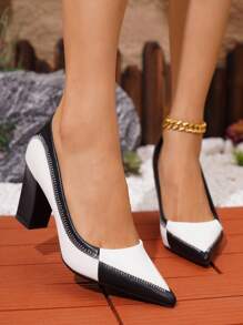 Women's Fashion Pointed Toe High Heels, Elegant Contrast Color Block Design, Comfortable Thick Heel, Suitable For Autumn/Winter, Plus Size - Black and White - View 7
