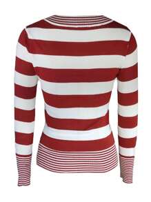 Women Y2k Fairy Grunge Knit Shirt Top Knitted Striped Long Sleeve Crew Neck Button T-Shirts Vintage Pullover Shirt Tees Tops Aesthetic Clothes Knitwear - 紅白色 - 查看 4