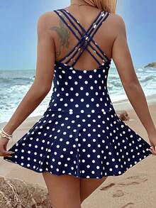 女士时尚性感荷叶边波尔卡圆点印花连体泳衣，适合夏季海滩度假