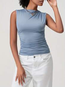 Women's Ruched Tank Tops Slim Solid Color Boat Neck Sleeveless Shirt For Party Club - Blue - View 6