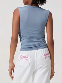 Women's Ruched Tank Tops Slim Solid Color Boat Neck Sleeveless Shirt For Party Club - Blue - View 8