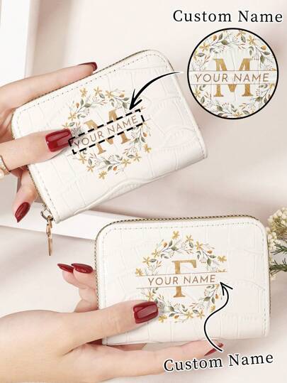 Cartera/monedero personalizado con firma de la pareja, grabado de flor y textura de patrón de piel de cocodrilo, regalo para cumpleaños/Día de la Madre/Día de San Valentín
