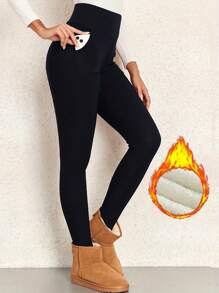 Pockets Fleece Lined Leggings Women - Thick Soft High Waisted Black Tummy Control Thermal Warm Pants For Cold Winter - Black - View 2