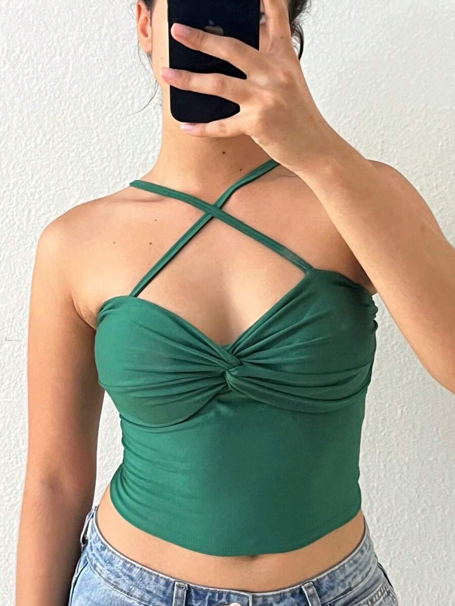 Knotted Crop Top With Padded Bra And Cross Straps - Green - View 1