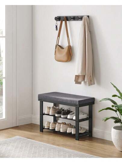  SONGMICS Banco Zapatero de Bambú, Zapatero de 2 Pisos, Organizador de Zapatos, para Entrada, Sala de Estar, 29 x 71 x 49 cm, Asiento de con Capacidad de 150 kg, Negro y Gris