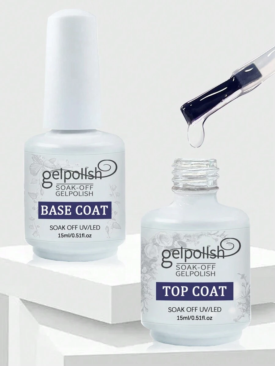 2 件装 15 毫升凝胶免擦拭面漆和底漆套装，光泽持久，适用于家庭沙龙美甲 DIY - 無色 - 查看 1