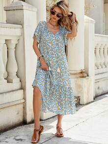 Women Printed Hollow Lace Patchwork Ruffle Trim Mini Dress, Multiple Ways To Wear, Short Sleeve - Multicolor - View 6