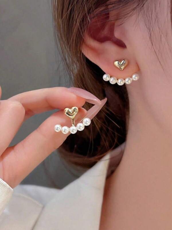 1pair Sweet Heart Shaped Pearl Stud Earrings For Women, Elegant & Versatile Ear Accessories, Perfect Gift For Ladies, Women On Festival, Birthday, Etc.