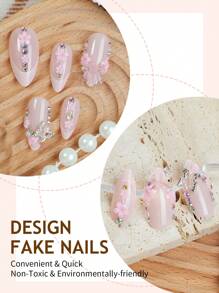 24 szt. białych francuskich paznokci z migdałowym wykończeniem, z 3D kryształkami, białą kokardką, metalicznym motylem i różowym kwiatem, błyszczące, pełne sztuczne paznokcie dla kobiet i dziewcząt, artykuły do paznokci, paznokcie