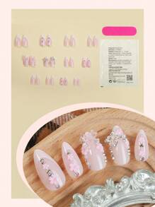 24 szt. białych francuskich paznokci z migdałowym wykończeniem, z 3D kryształkami, białą kokardką, metalicznym motylem i różowym kwiatem, błyszczące, pełne sztuczne paznokcie dla kobiet i dziewcząt, artykuły do paznokci, paznokcie