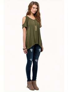 Women Summer Short Sleeve T-Shirt Hollow Out Off Shoulder V Neck Tops Solid Color Irregular Hem Loose Blouse - 軍綠色 - 查看 2