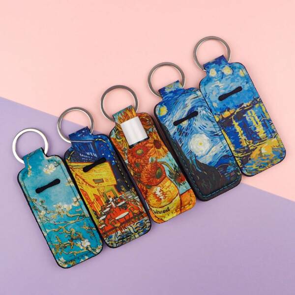 Sunflower Starry Elegant Printed Keychain Lip Gloss Holder, Street Fashion Decorative Keyring Car Accessories Bag Charm Backpack For School Cute Goth Y2k