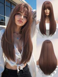 Black Long Straight Wigs For Women, Natural Black Synthetic Wigs With Bangs, Elegant Beautiful Natural Looking Heat Resistant Synthetic Wig Daily Party Use - 巧克力棕 - 查看 2