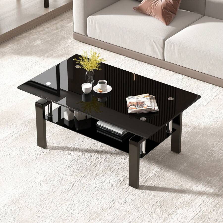 Black Glass Coffee Table For Living Room, Modern Glass Coffee End ...