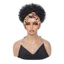 Curly Wigs For Women Headband Wig Half For Short Black Wig With Headband Attached Scarf Wigs With Stripe Turban Wrap Wig Short Kinky Deep Jerry Curly Hair Synthetic Wigs