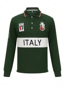 T S Long Sleeve Casual Fashion Polo Shirt, Italian Classic Embroidery Patchwork, Soft & Comfortable Slim Fit, Breathable With Slit, Original Embroidery Design - Dark Green - View 20